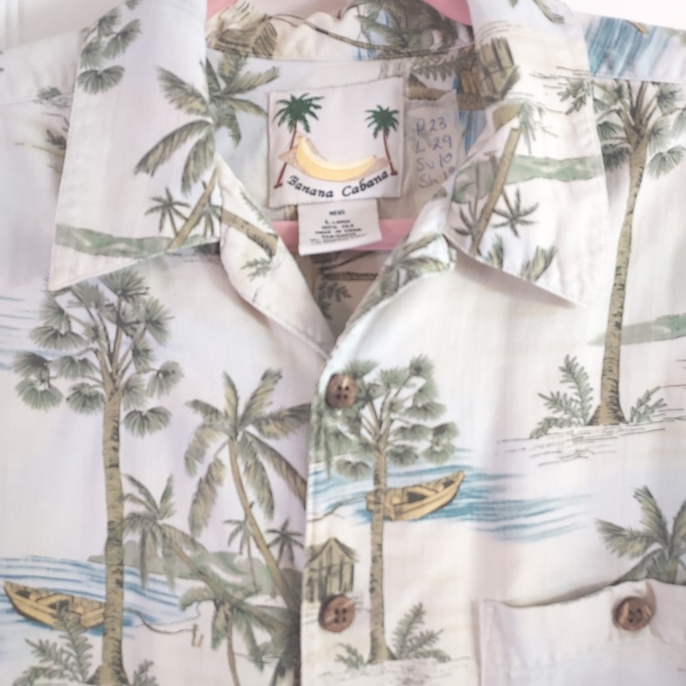 Banana Cabana‎ Hawaiian Shirt Mens Large 100% Silk Palm Tree Tropical Button Up